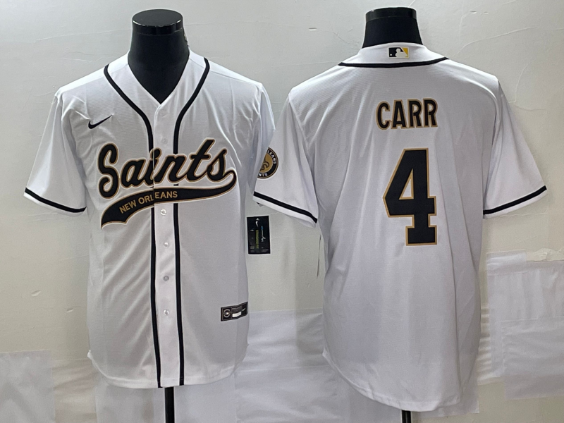 Men's New Orleans Saints #4 Derek Carr White With Patch Cool Base Stitched Baseball Jersey